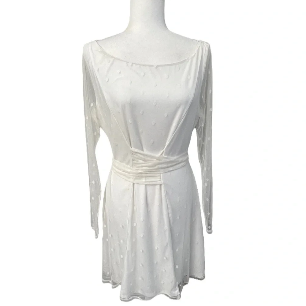 Lovers + Friends Ivory Mesh Dot Overlay Long Sleeve Dress - Size XL